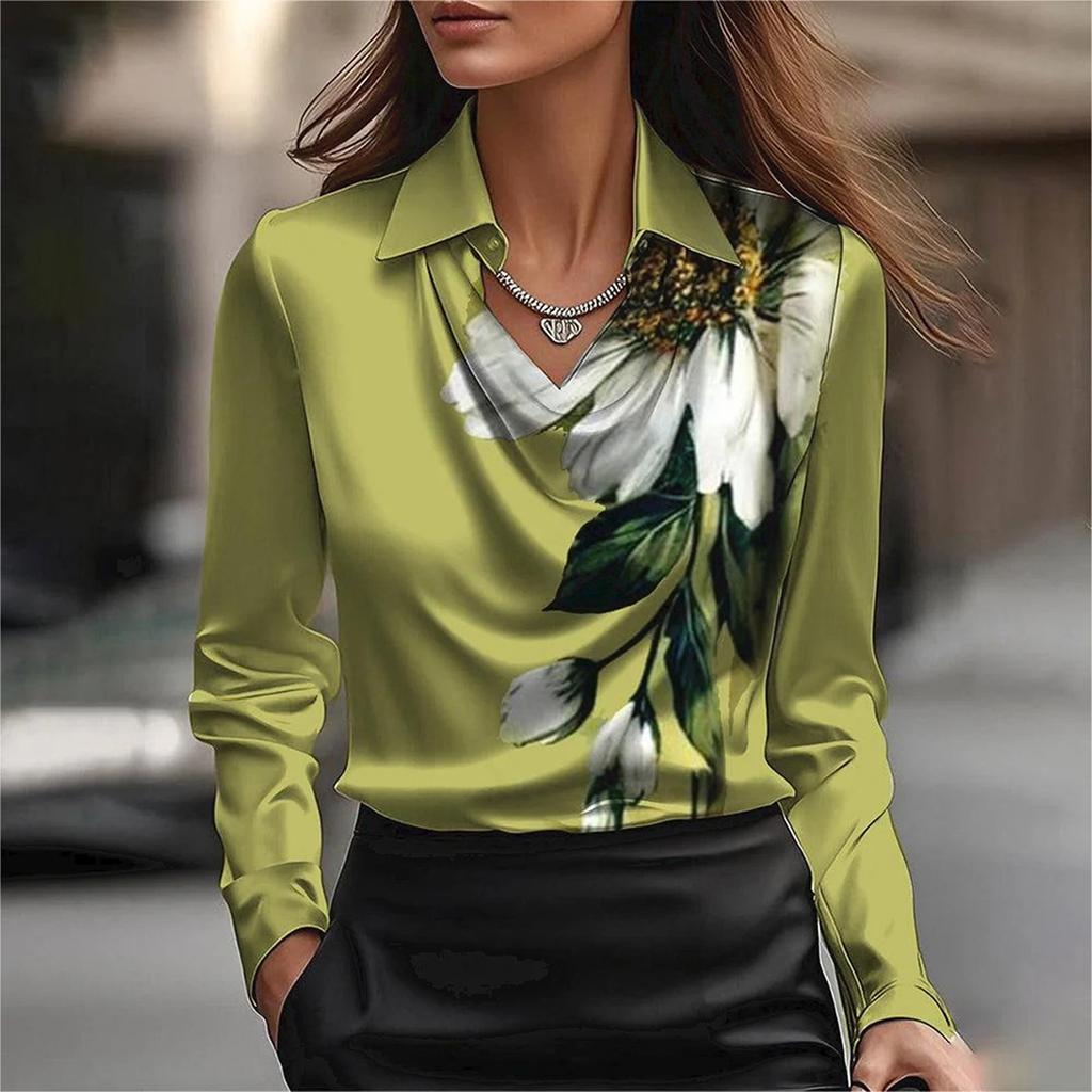 Kadın Modası Baskılı V Yaka Uzun Kollu Mizaç Kazak Gömlek Üst