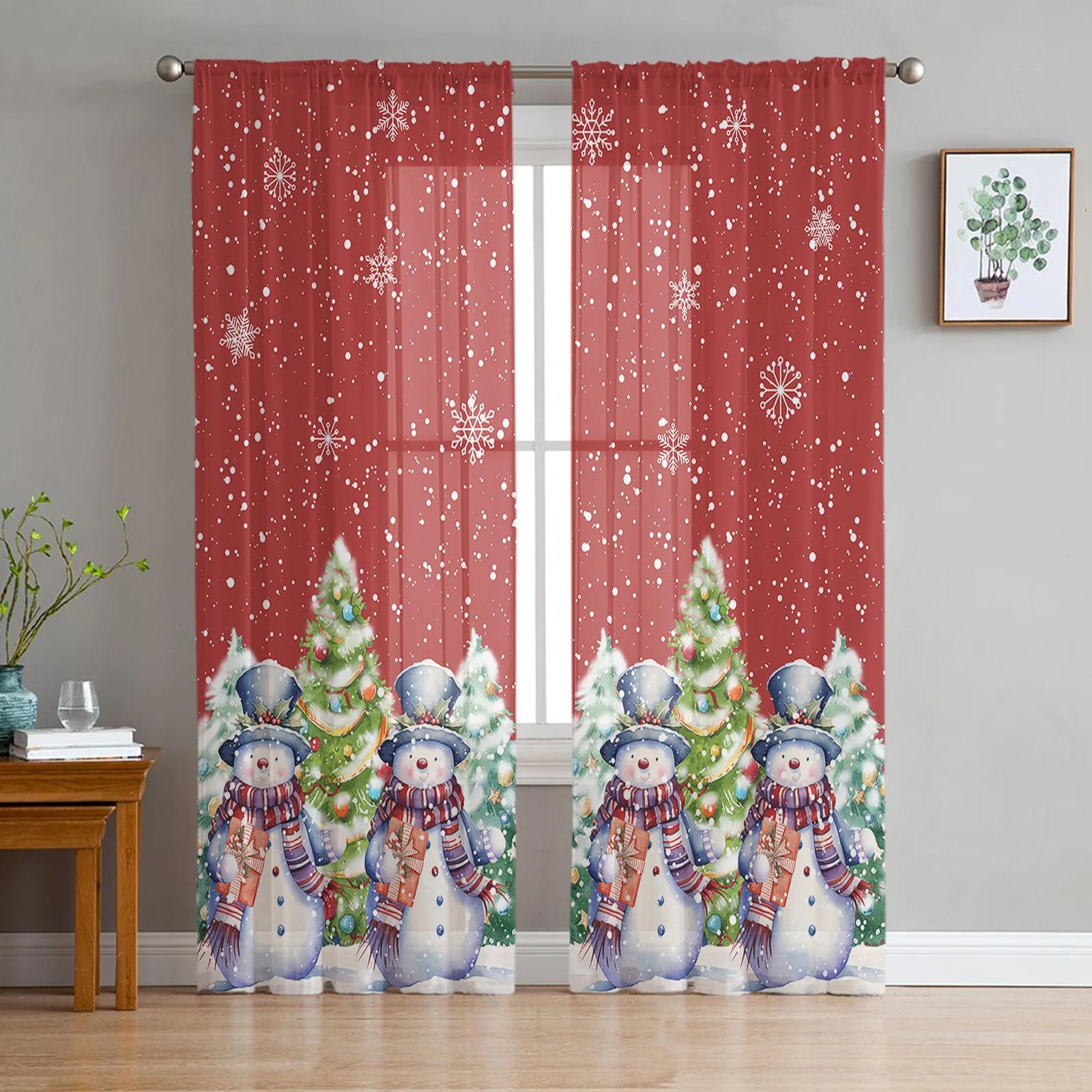 

Снежинка серый снеговик рождественская елка пряжа занавеска тюль занавески для гостиной кухонное окно прозрачные вуаль занавески W135 x H115cm x1&Grommet Top