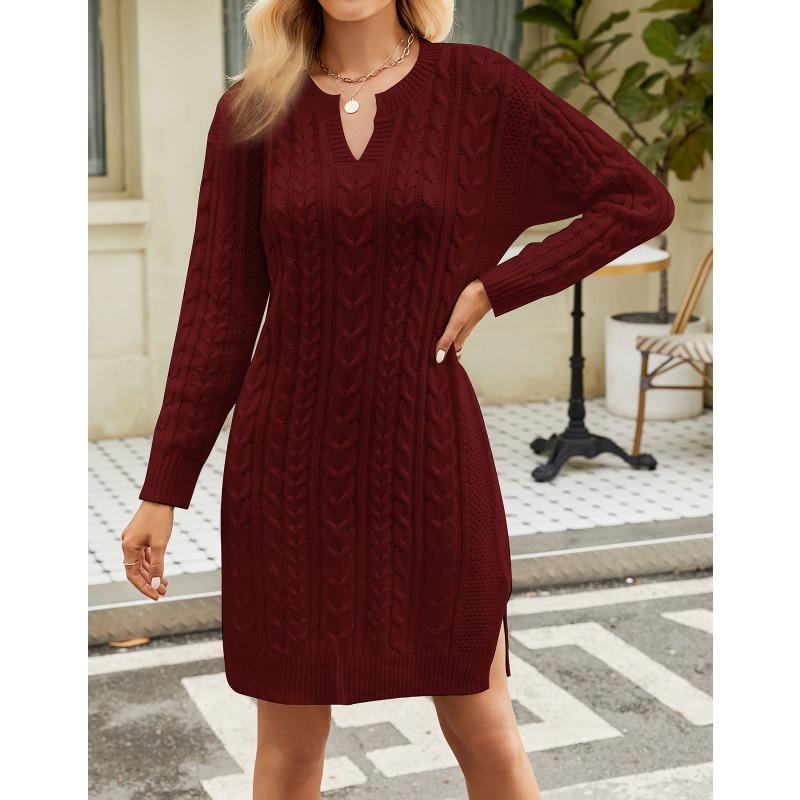 Women's Autumn/winter Twisted Flower Medium Length Solid Color Split Loose Pullover V-neck Sweater Dress