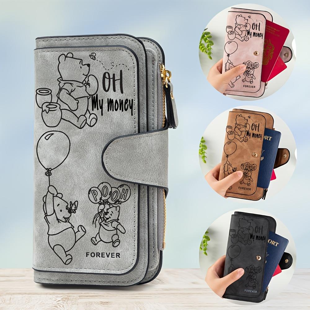 Disney Pooh Cartoon Print Passport Holder and Document Organizer, Cute Zipper Handbag with Card Slots for Women and Girls Travel and Daily Use