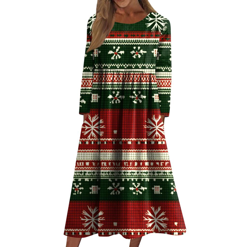 Damen Freizeitkleid mit Rundhalsausschnitt, Weihnachtsdruck, mittellang, langärmlig mit Tasche