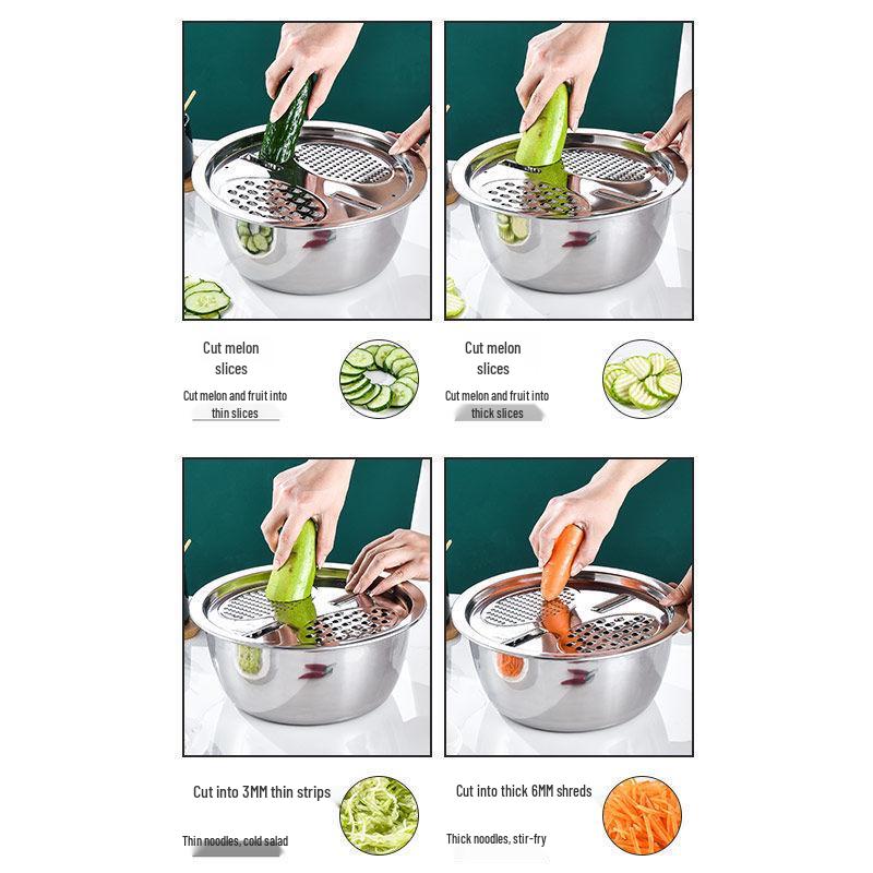 Stainless Steel 3-Piece Vegetable Cutter & Grater Set with Multifunctional Wash and Drain Basin