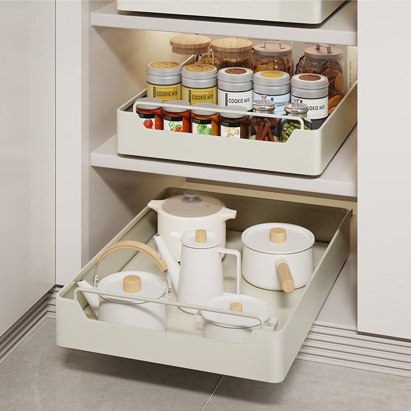 Drill-Free Pull-Out Kitchen Storage Shelf, Cream White
