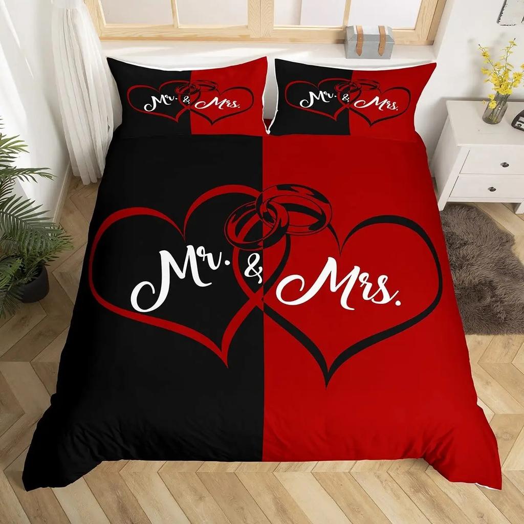 Paarvögel Bettbezug Queen Valentinstag Bettwäsche-Set Äste Tierische Steppdecke Rot Schwarz Liebesschlaftag Deckenbezug