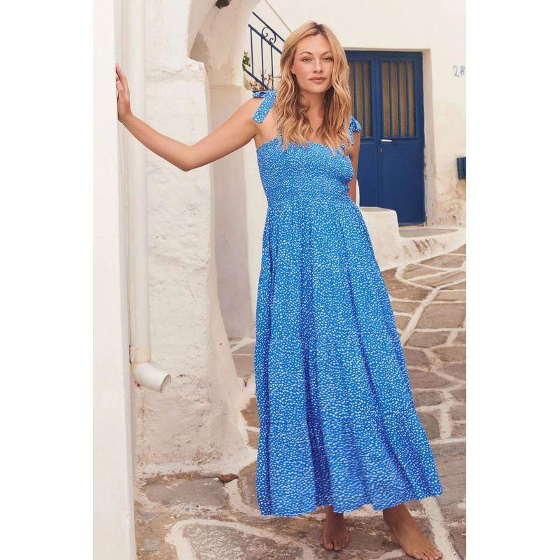 

Fashion Style Temperament Printed Sleeveless Open Back Tied Dress Slip Dress Printed Backless Dress Blue Wave point S