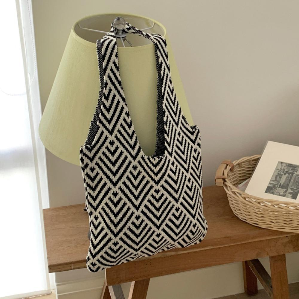 

Knot Woven Tote Bag Stripe Summer Beach Pouch Portable Knitted Shopping Bag Vacation Style A