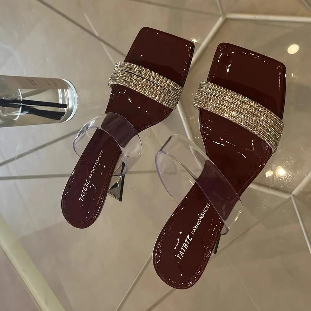 2025 summer new open-toe slippers fashion outerwear temperament square head sexy rhinestone with thick heel sandals high heels