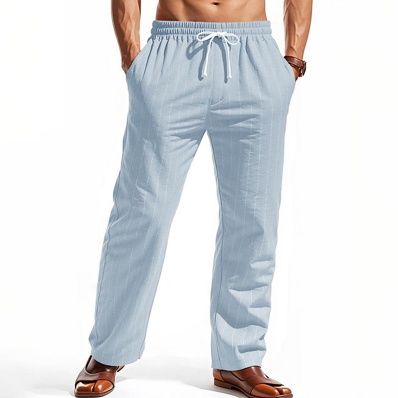Linen Beach Trousers with Drawstring and Vertical Stripes Straight-Leg Comfortable Breathable Casual Long Trousers for Men