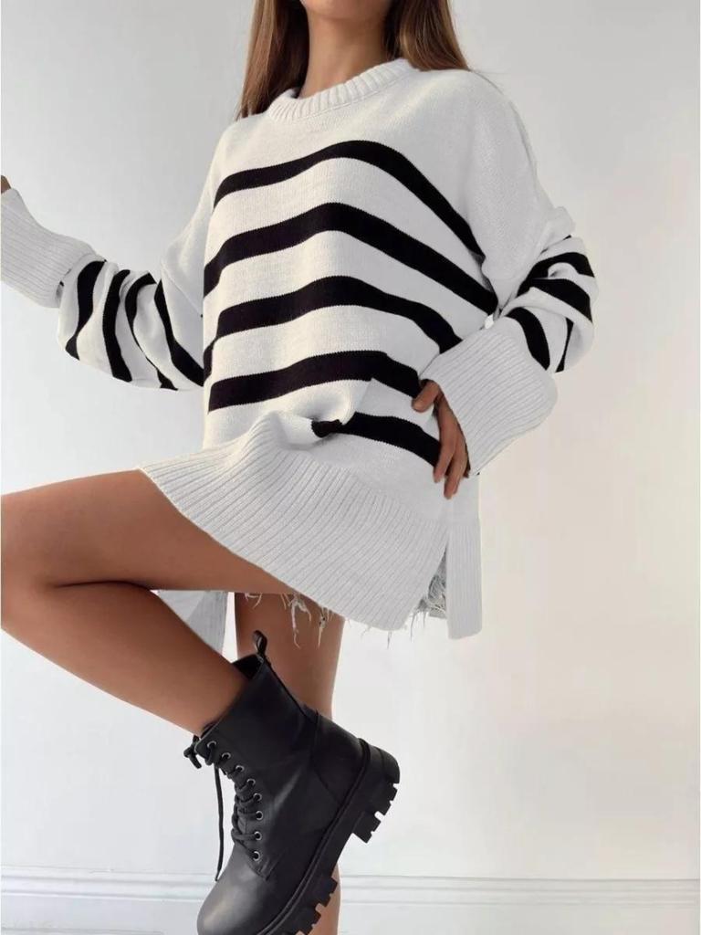 Women's Knitted Sweater - Autumn/Winter New Arrival European-Style Striped Oversized Neck Pullover Cardigan