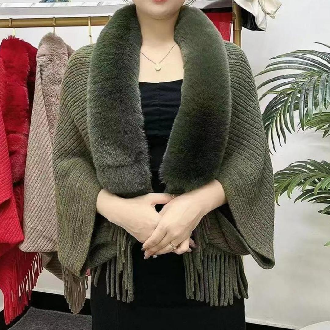 

Зимний плащ-пончо с кисточками, шаль, оверсайз, женские теплые вязаные кардиганы с воротником из искусственного меха, накидки с воротником «летучая мышь», меховые шарфы на шею, накидки, пальто One size