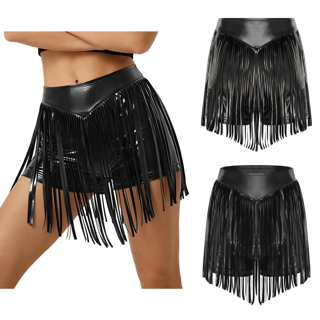 S-XXL Women's Fringed Booty Shorts: High Waist Iridescent Metallic Hot Pants with Tassel for Jazz Rock Dance Performance
