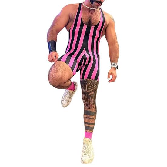 Pánské fitness body bez rukávů s hlubokým výstřihem do U, pruhovaný overal, sportovní podpůrné prádlo do posilovny, boxerky