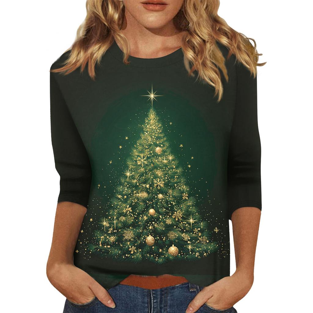 Top de damă cu decolteu O cu mâneci 3/4 cu imprimeu de Crăciun