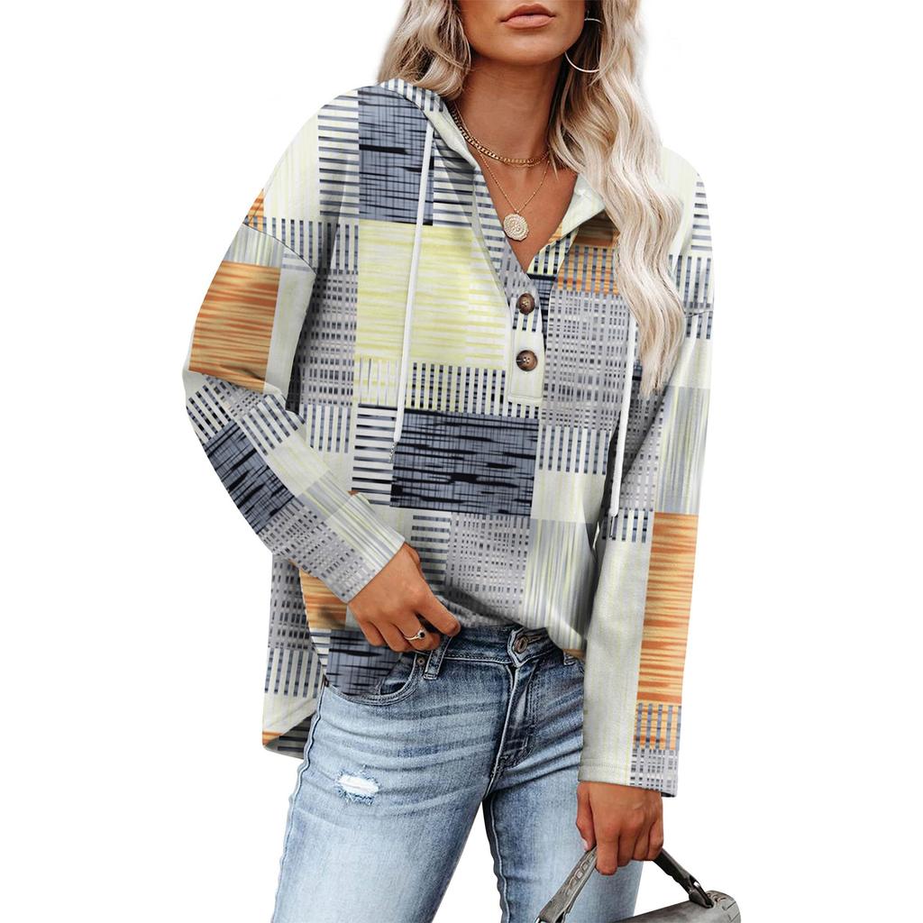 Women's Fashion Long-Sleeved British-Style Checked Half-Buttoned Loose-Fit Casual Hooded Top