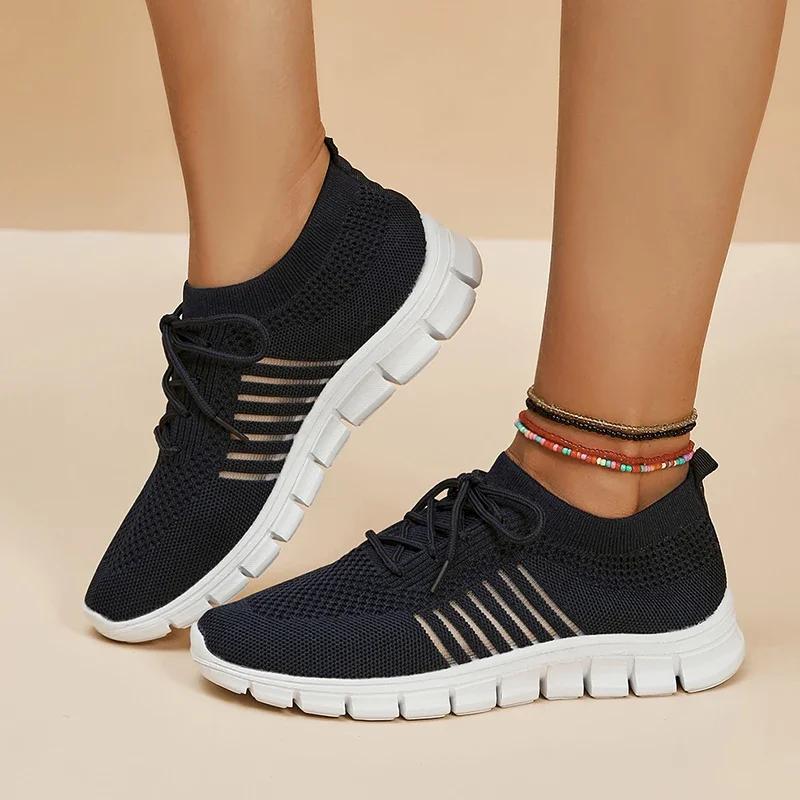 Fashion Spring Summer Breathable Knitted Sneakers Womens Plus Size Soft Sole Flats Shoes Woman Comfort Lace Up Platform Sports Shoes