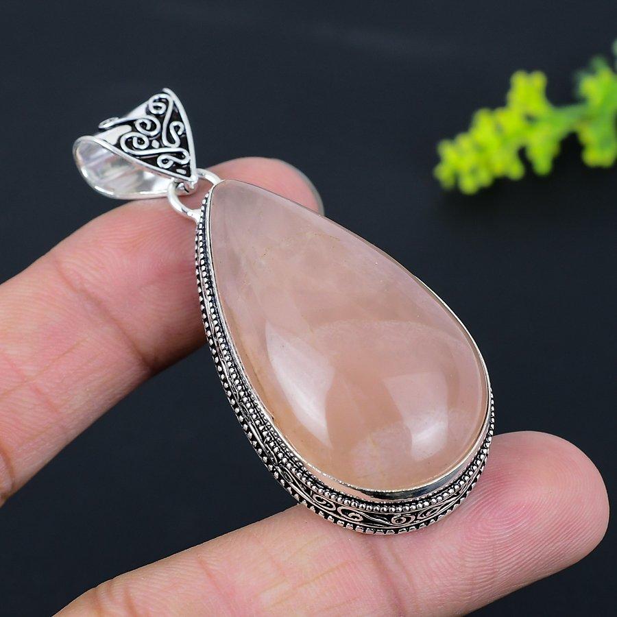 Natural Rose Quartz Gemstone Handmade 925 Sterling Silver Pendant 2.48" V5q06