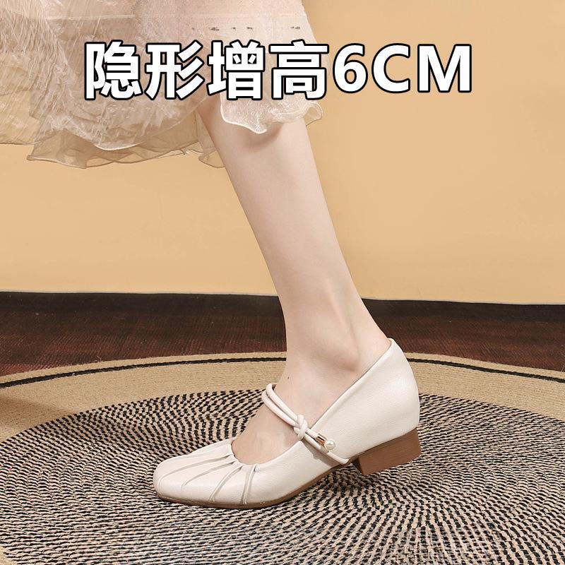 6CM inner height increase single shoes women's small size silver pleated light mouth grandma shoes one pedal thick heel shoes