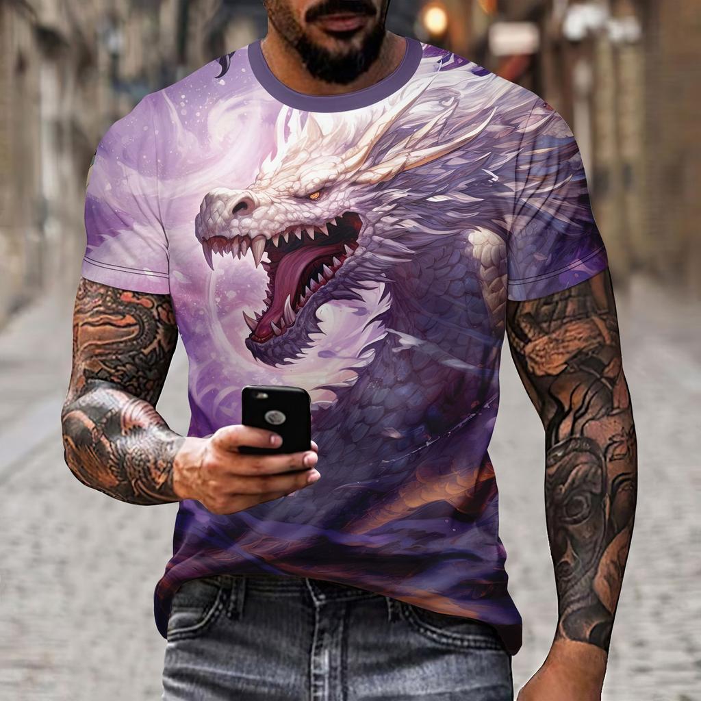 New Round Neck T-Shirt 3d Dragon Print Men's Cool Polyester Chinese Style Short Sleeved Fashionable Holiday Versatile Top