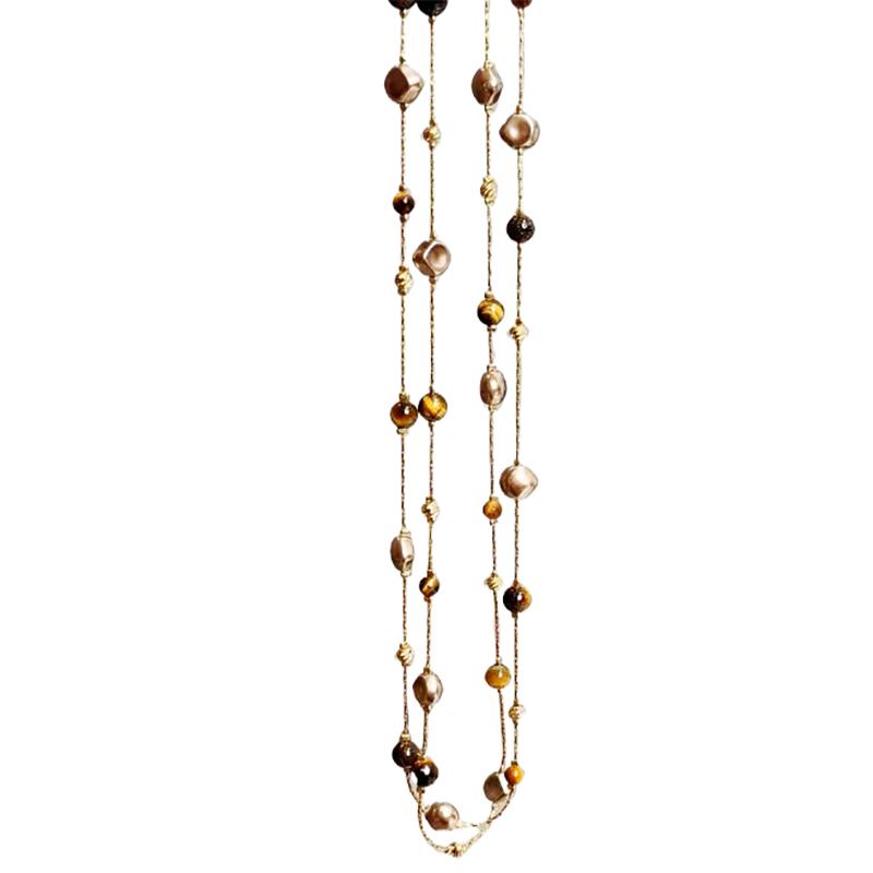 Autumn and Winter Long Tiger Eye Stone Pearl Beads Long Sweater Chain For Women's Popular Necklace New Jewelry Accessories