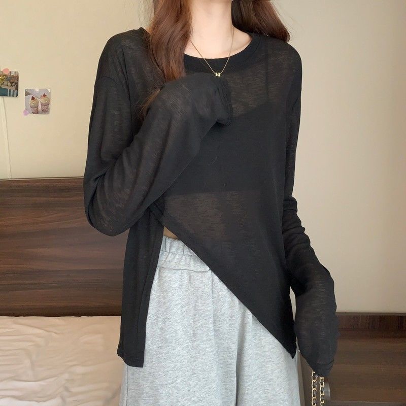 Versatile Plus Size T-shirt for Women, Summer Round Neck Basic Style, Loose and Lazy, Versatile, Irregular Sun Protection Top