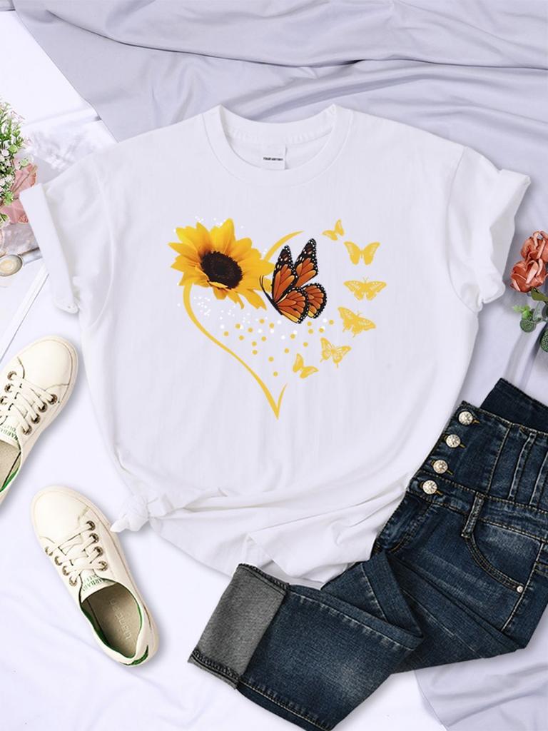 Einfache Damen T-Shirts Sonnenblumen Schmetterlinge Herz-Aufdrucke Kurzarm Bequem Weich O-Ausschnitt Oberteile Sommer Lässig Damenkleidung