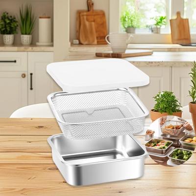 Stainless Steel Food Container with Strainer Colander Set Fridge Organizer Bin for Lettuce
