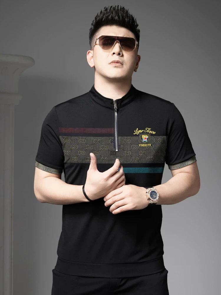 European High-End Embroidered Rhinestone Casual Short-Sleeve T-Shirt, New Summer Men's Top, Half-Sleeve Stand-Collar Polo Shirt