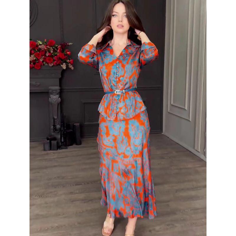 Western Style New Print Slim fit Shirts Skirt sets Printed Shirt and Skirt Set