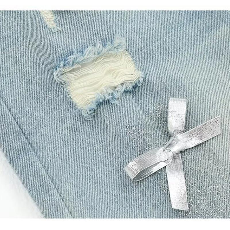 Bow Ripped Jeans for Women High Waist Straight Pants Loose Wide Legs Denim Trousers Vintage Y2k Clothing Trendy Plus Size