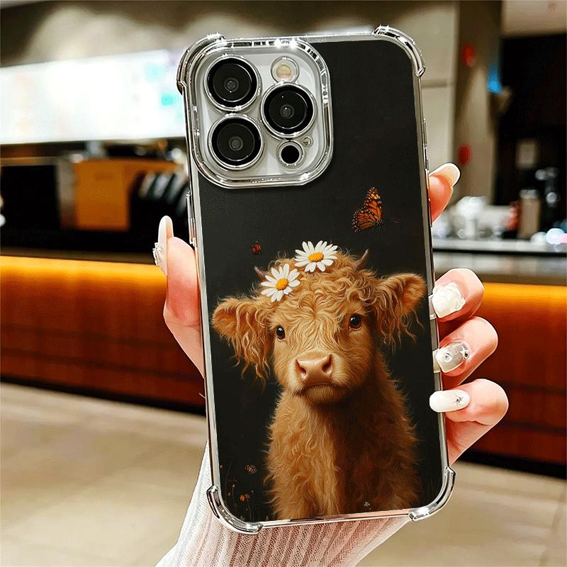 

Cute Highland Cow Plating Phone Case For Iphone 16 17 Pro Max Air 16E 14 15 Plus 12 13 Mini Anti-Fall Airabag Cover iPhone 12 Mini