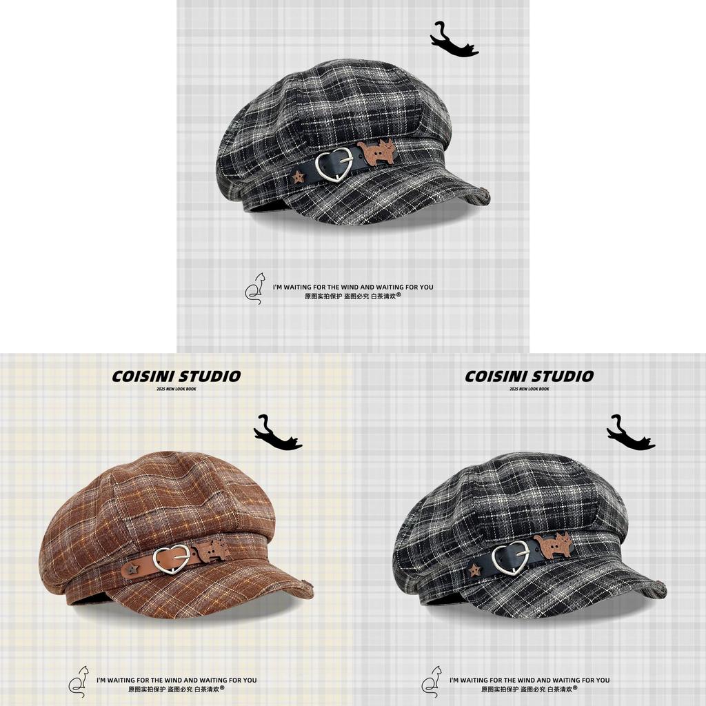 Vintage Καρό Γάτα Καρδιά Πόρπη Ζώνης Καπέλο Newsboy Για Φθινόπωρο Χειμώνα Μόδα