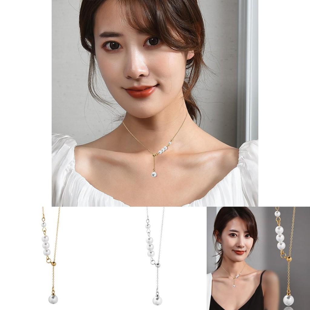 Stylish Korean Inspired Titanium Steel Pearl Necklace For Women With Leaf Design And Adjustable Chain