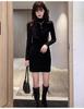 Petite Korean Style Black Spicy Girl Mid-Length Velvet Hip-Hugging Autumn/Winter Skirt Dress