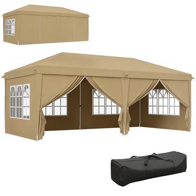Foldable Pop-up Gazebo Marquee Waterproofed 6 X 3 X 2.7 M 4 Removable Side Walls 4 Windows Carrying Bag Khaki
