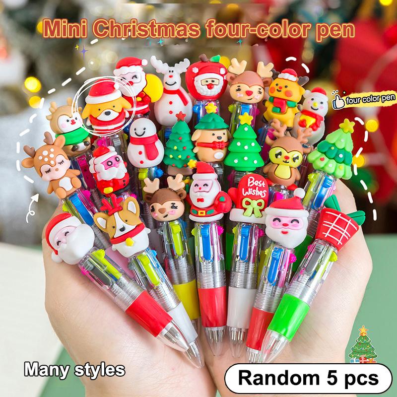 

5 шт. Рождественская мини 4-цветная шариковая ручка Милый мультяшный лось Санта-Клаус 6-цветная выдвижная ручка Студенческие канцелярские принадлежности