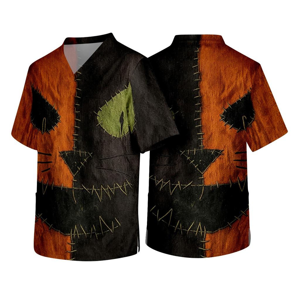 Men's Short Sleeve V-Neck Scrub Top with Chest Pocket Halloween Print for Work and Costume