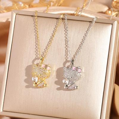 Door Influencers Geïnspireerde Kat Hanger Zirkonia Ketting - Elegant Titanium Staal met Cartoon Bedel