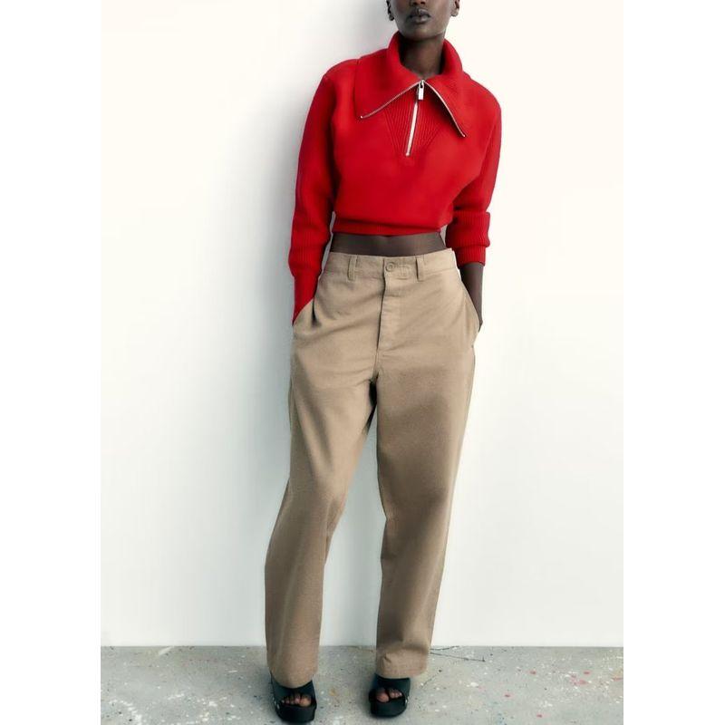 Spring New Arrival Women's Commute Leisure Red Large Lapel Sweater Pullover Zipper Ornament Knitwear 5536155