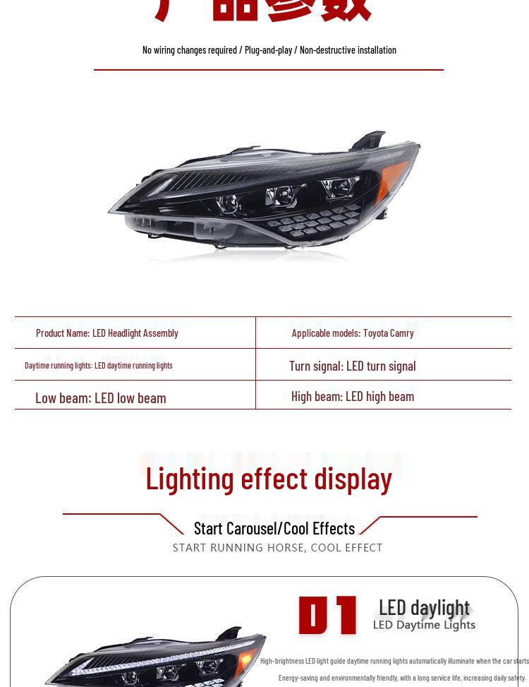 15-17 Toyota Camry US Headlight Assembly: LED Projector, Daytime Running, Flowing Turn Signal