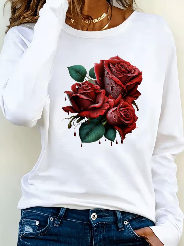 (Asian Size) flower style Clothing Casual  Tee Lady Printed o-neck Long Sleeve T Shirt Women Female Fashion Top Graphic T-shirts