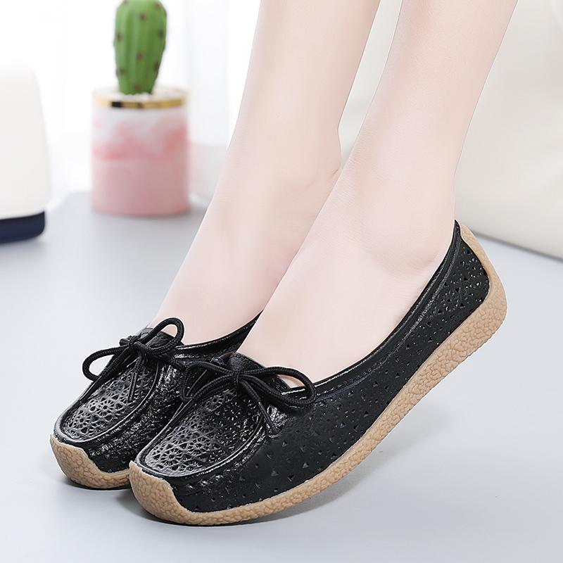 2025 New Women Shoes Moccasins Women Flats Loafers Genuine Leather Female Shoes Slip On Hollow Out Flat Bottomed Mother Shoe Cas