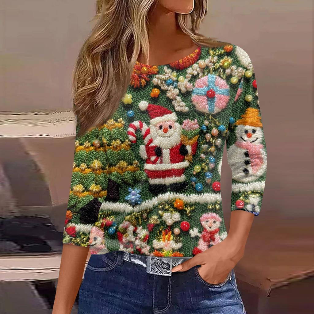 Women's Fashionable Casual Three Quarter Sleeve Christmas Printed Round Neck Top