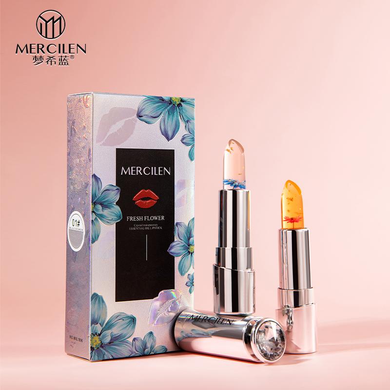 MERCILEN Flower Crystal Clear Essential Oil Temperature Changing Lip Balm Moisturizing Jelly Lip Balm Non-Stick Cup Color Changing Lipstick