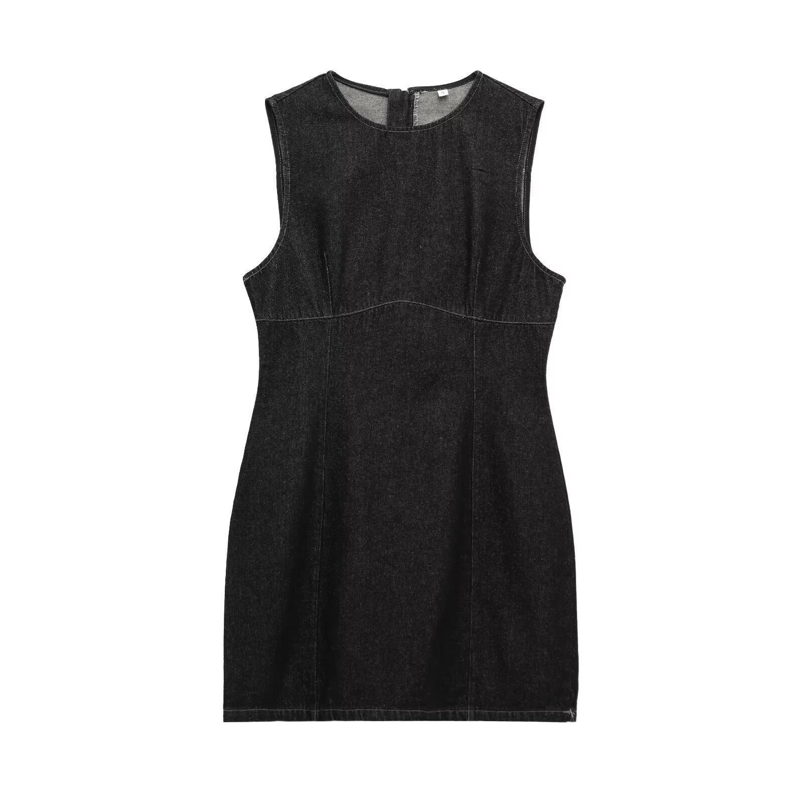 

2025 Spring Sleeveless Slim Fit Denim Mini Dress L чёрный