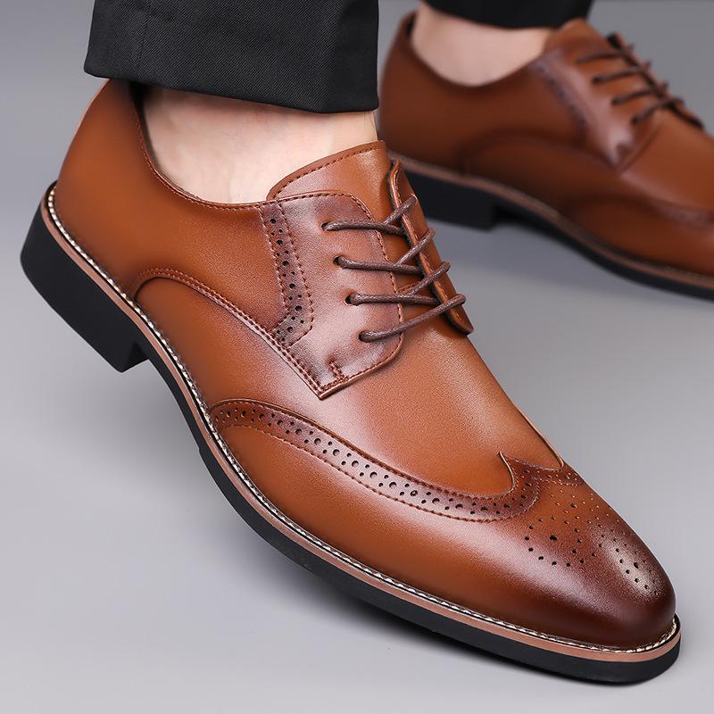 2025 Men's Genuine Leather Brogue Derby Shoes - Pointed Toe, Lace-up, Large Sizes
