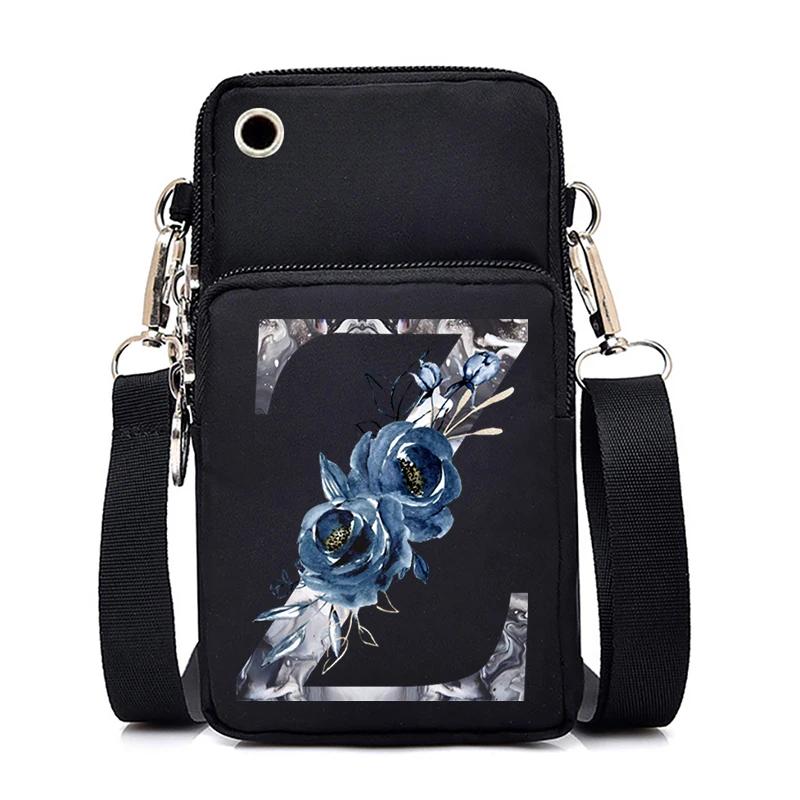 Blue Roses Alphabet Print Small Shoulder Bag 26 Letters Mini Crossbody Phone Bag for Women