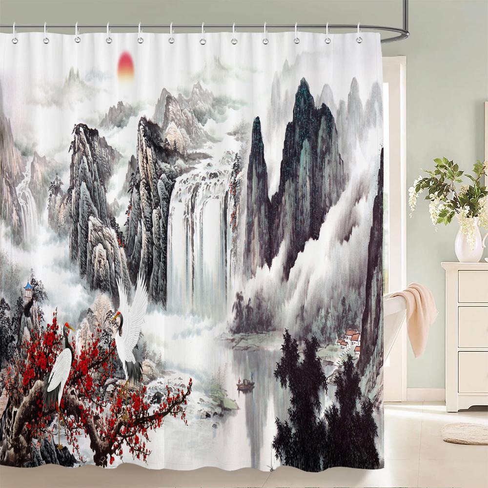 

Ink Painting Landscape 180X180Cm Shower Curtains Waterproof Polyester Chinese Style Flower Birds Bathroom Curtain With Hooks W90xH180cm