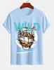 Unisexs Pure Cotton Solid Color Tshirt Navy With Tiger Print Crew Neck Short Sleeves Motorcyclestyle Street Casual Top