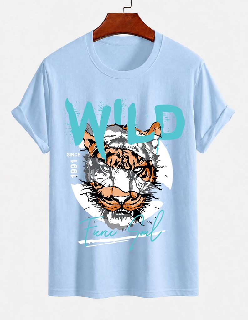 Unisexs Pure Cotton Solid Color Tshirt Navy With Tiger Print Crew Neck Short Sleeves Motorcyclestyle Street Casual Top
