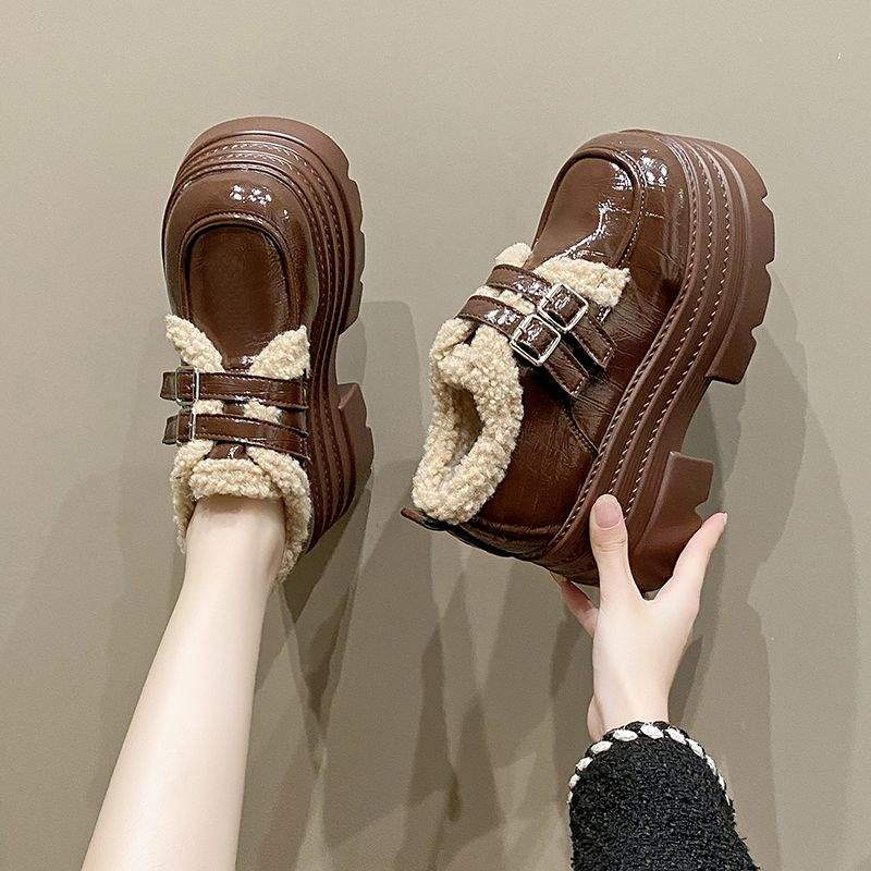 Heel Women's Shoes Platform Loafers 2025 Winter New Brown Small Leather Shoes Velvet Warm British Cotton Shoes